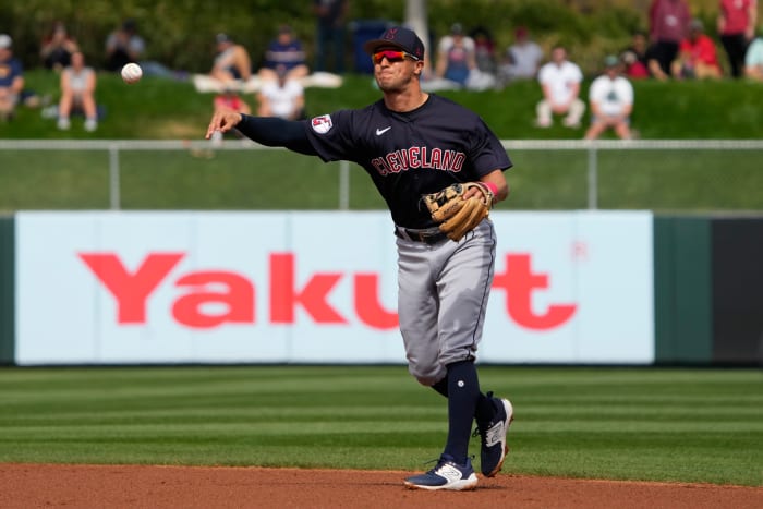 Mar 6, 2023; Tempe, Arizona, USA; Cleveland Guardians second baseman Tyler Freeman (2) makes the play for an out against the Los Angeles Angels in the first inning at Tempe Diablo Stadium. Mandatory Credit: Rick Scuteri-USA TODAY Sports